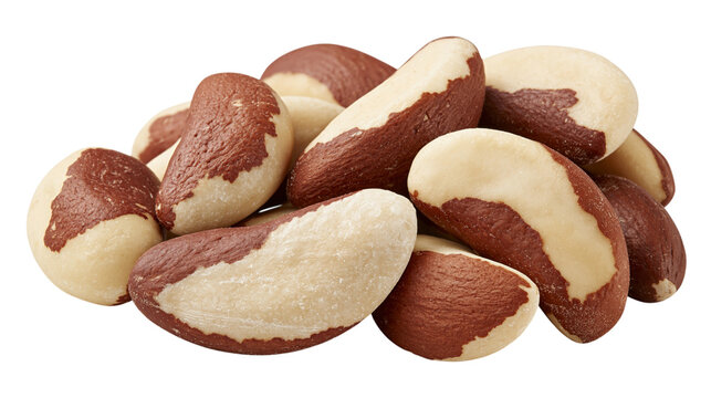 A pile of brazil nuts with brown and white shells isolated on transparent background png cutout