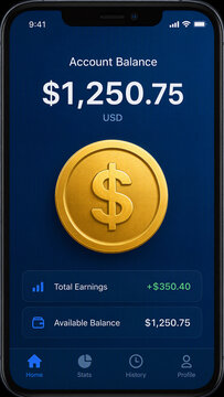 Mobile banking app displaying account balance and earnings summary