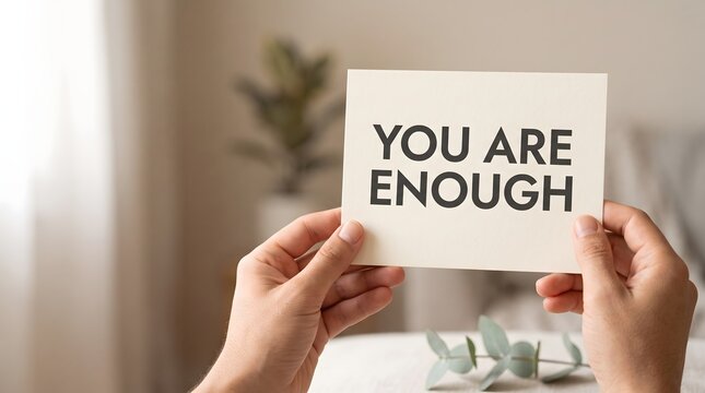 Mental health awareness showing hands holding you are enough affirmation card for psychological wellbeing support