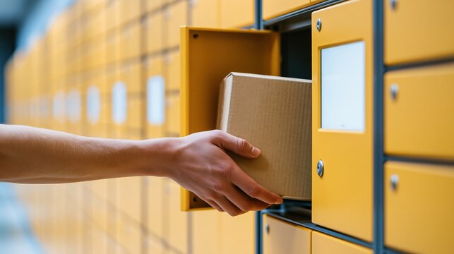 Close-up of a hand placing a cardboard box into an open yellow locker at a delivery station