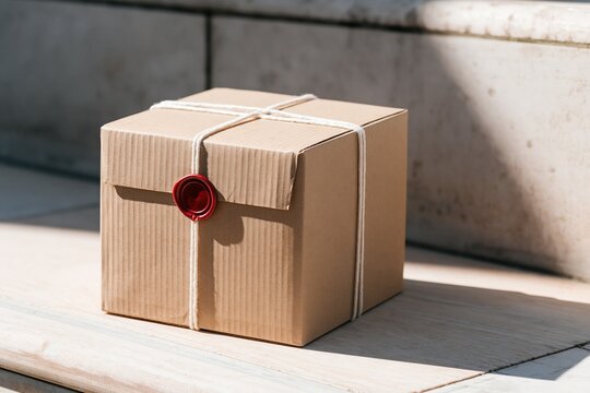 Small brown cardboard package tied with white string and sealed with red wax on wooden surface outdoors