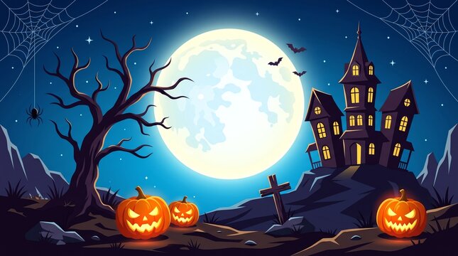 Halloween spooky night scene with haunted house and jack-o-lanterns