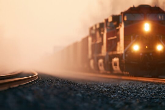 A freight train with bright headlights travels along curved railway tracks through a hazy, golden sunset atmosphere
