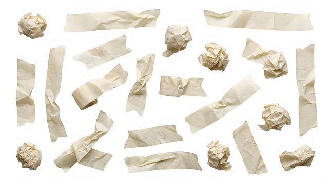Set of various aged brown and white crumpled paper pieces and wrinkled masking tape strips on transparent background for design elements.