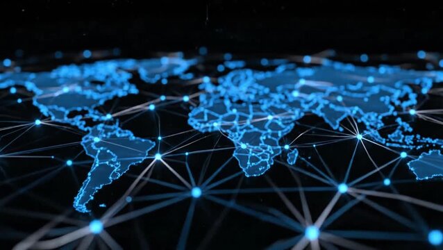 Abstract digital world map with glowing network connections and data lines.