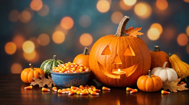 Halloween pumpkins and candy corn on wooden table