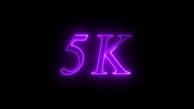Glowing Purple Neon 5K Followers Social Media Milestone Celebration Text Overlay Animation Isolated on Dark Black Background - Futuristic 5000 Subscribers Achievement Counter Graphic Element