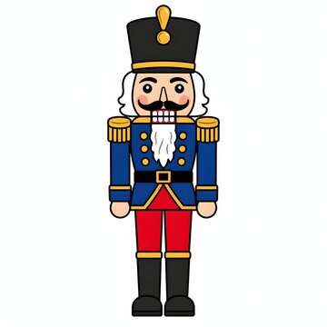 Traditional wooden nutcracker soldier illustration with blue and red uniform. This clean graphic is perfect for Christmas decorations, holiday greetings and festive seasonal marketing.