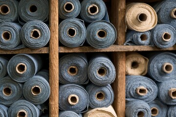 Fototapeta premium Rows of blue and beige denim fabric rolls neatly stacked on wooden shelves in a textile warehouse or storage room.