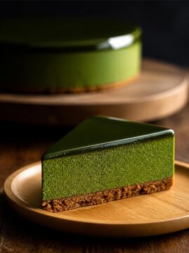 a slice of matcha mousse cake resting on a small, smooth light-wood plate. the cake features a crumbly golden-brown biscuit base.