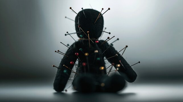 Black voodoo doll covered with many pins