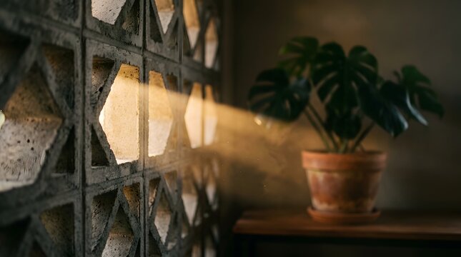 Sunlight beam streaming through geometric concrete breeze block wall onto potted monstera plant indoor interior