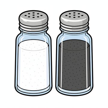 Glass salt and pepper shakers illustration isolated on white background. Clear visual specifications suitable for restaurant menus, dining table graphics, seasoning guides, and culinary posters.