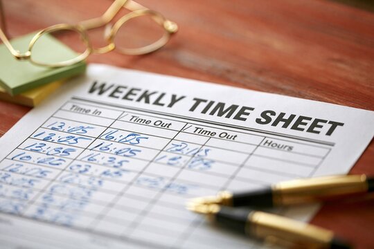 Weekly timesheet with handwritten time entries resting on wooden desk alongside reading glasses and pens.