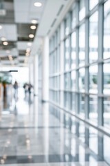 Fototapeta premium Blurred interior hallway with large windows and ceiling lights creating a modern architectural atmosphere