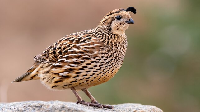 Bobwhite quail perching on stone with soft background