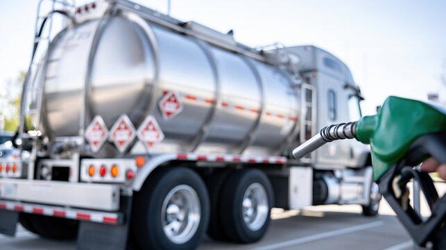 Close-up of a green fuel nozzle in the foreground with a large silver tanker truck parked in the background under a bright sky.