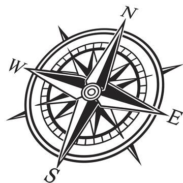 Compass rose drawing shows cardinal directions N, S, E, and W for map navigation.