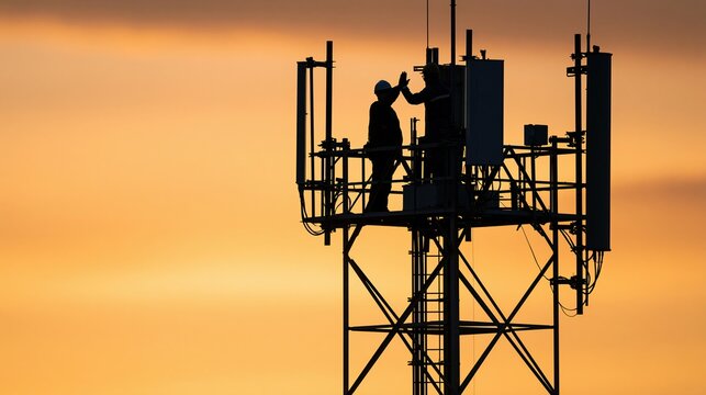 Silhouetted workers high-five on a telecommunications tower platform against an orange sunset sky.