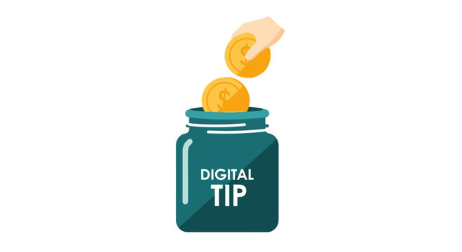 Digital Tip Jar Vector Illustration - Hand Putting Gold Dollar Coin into Online Donation Jar for Service Workers and Content Creators