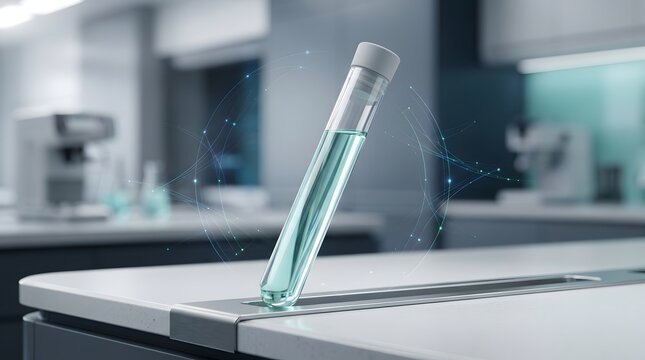 A single glass medical instrument containing blue liquid standing on a sterile white laboratory table surface