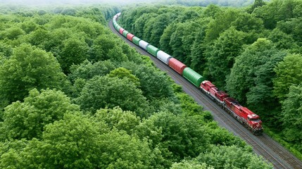 Naklejka premium Aerial view of a red freight train transporting colorful cargo containers through dense green forest