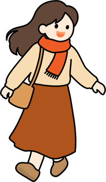 Young woman walking in autumn outfit with scarf and crossbody bag vector illustration, fall fashion concept
