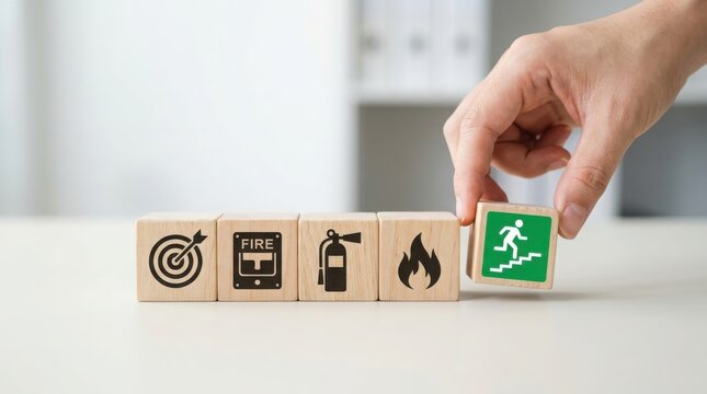 Hand placing a wooden block with an emergency exit icon
