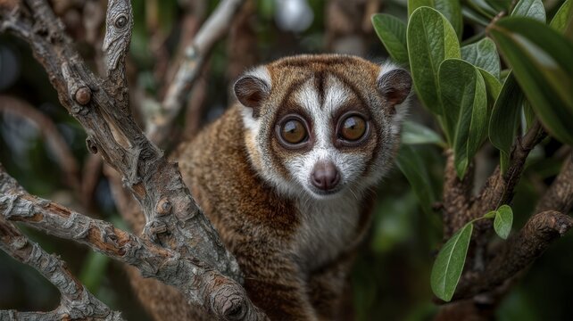 Portrait of a slow loris in a tree. Natural habitat. Southeast Asia native animal. Endangered species. Cute animal with large, round eyes, AI generated