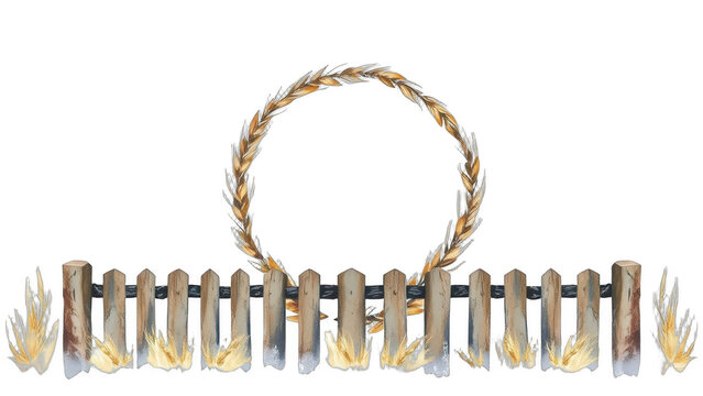Rustic wooden picket fence with wheat wreath isolated on black