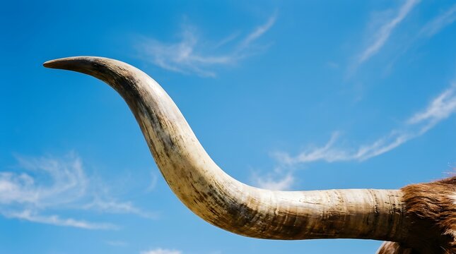 Close up long horn texas longhorn bull steer curved horn blue sky cloud background sunny day