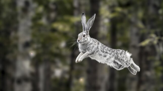 Jumping jack rabbit running and leaping through a forest. Wildlife. Copy space, AI generated