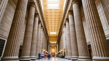 Fototapeta premium Grand hall with massive stone columns and ornate ceiling illuminated by skylights while blurred figures walk through the space