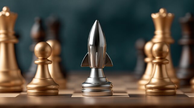 A silver rocket chess piece stands prominently on a wooden board surrounded by gold and dark pieces against a teal background
