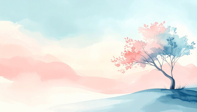 Solitary pink watercolour tree surreal blue grass landscape