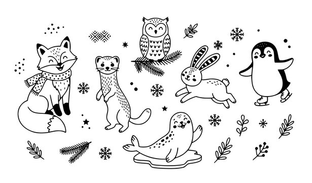 Scandinavian winter wildlife character set with cute arctic animals and Nordic elements