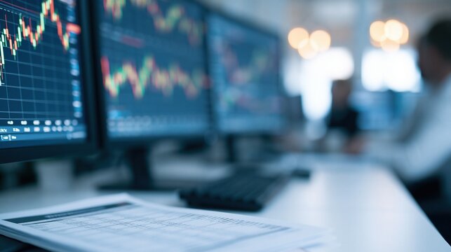 Financial traders analyze stock market data on multiple computer monitors displaying colorful charts and graphs in a modern office setting.