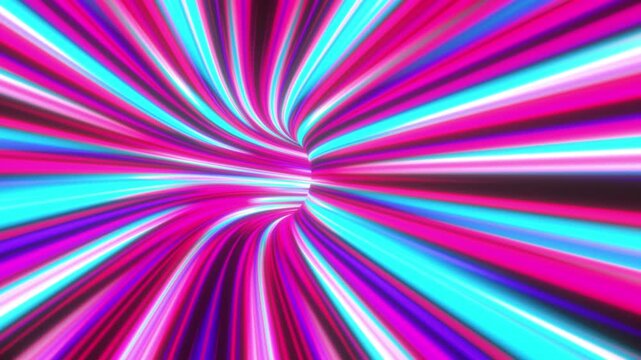 Cyan and pink neon light tunnel swirling rapidly in a dynamic 3D animation representing sensory overload and bipolar mood swings