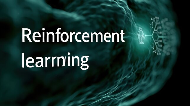 Digital concept illustration featuring text reinforcement learning alongside a small robot and neural network diagram on dark blue abstract background
