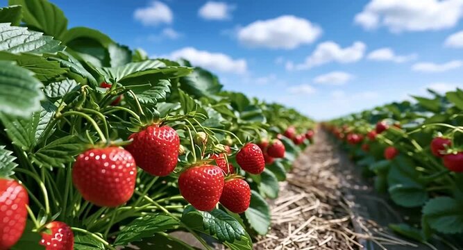 Close up of ripe red strawberries growing on the vine in a farm field on a sunny day with a blue sky, showcasing the harvest season for organic fruit and healthy eating concepts