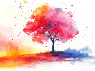 Obraz premium Vibrant Tree in Watercolor Landscape