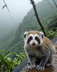 Naklejka premium A pygmy slow loris ai-generated, fantasy animal, in a mist soaked ridge path