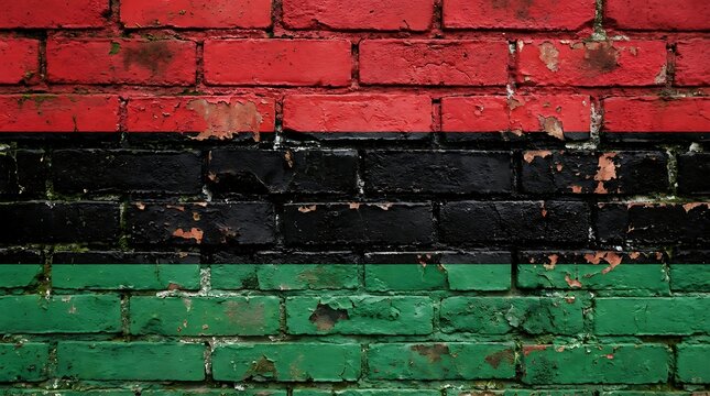 A textured brick wall painted with the pan african flag colors for black history month celebration