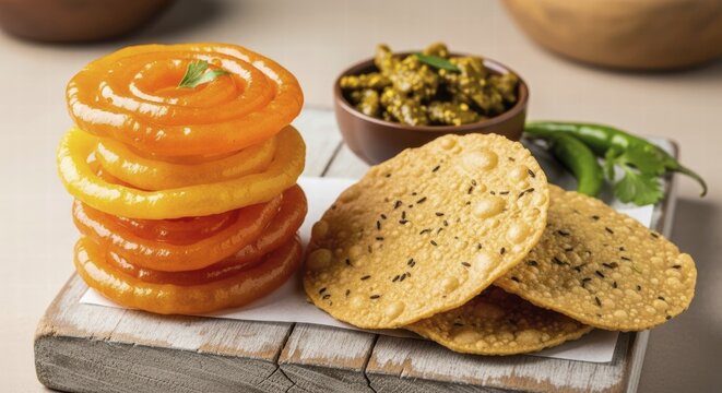 A close-up view of sweet jalebi, savory papad, and a bowl of Indian pickle, garnished with green chilies and cilantro, AI generated