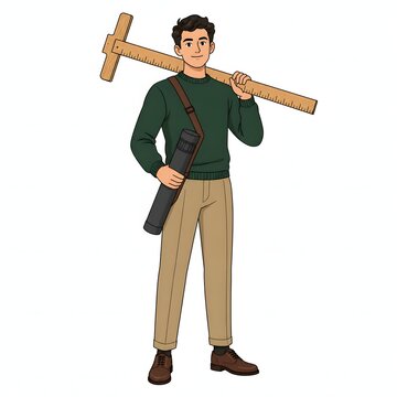 A male architect engineer character holding wooden T square ruler and blueprint tube on white background. Suitable for construction building design architecture service and planning banner.