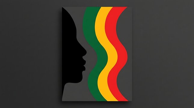 Abstract artistic illustration celebrating black history month featuring a silhouette profile and vibrant wavy pan african flag colors