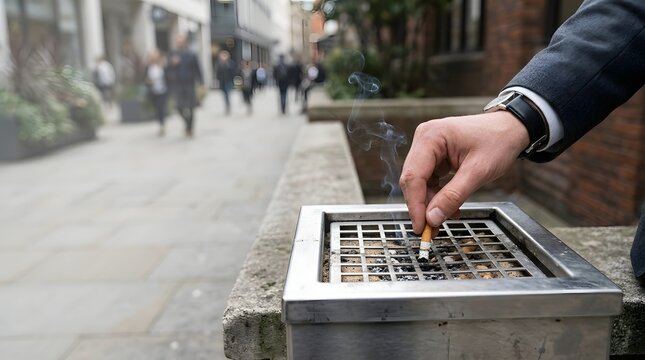 Businessman hand putting out cigarette butt in metal outdoor street ashtray during work break