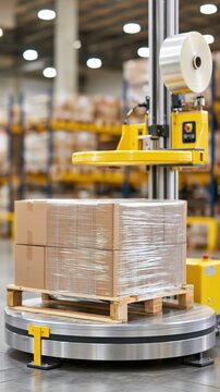 Industrial machine wraps cardboard boxes with plastic film on a rotating pallet inside a warehouse.