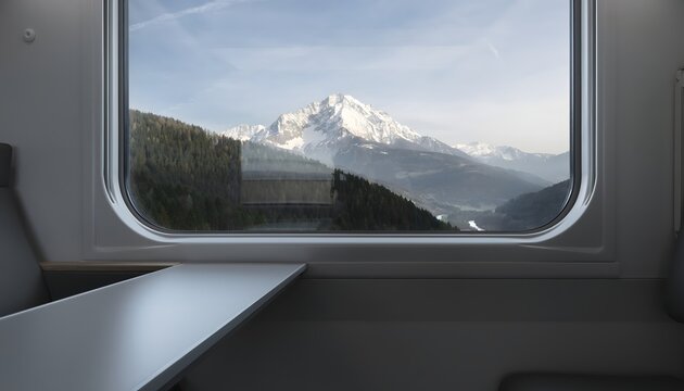 Scenic view of alpine mountains and forests through a large modern train window