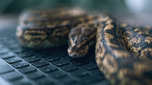 Close-up of a python snake resting on a black computer keyboard with binary code overlay
